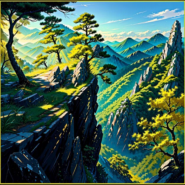 Una pintura de un paisaje de montaña con árboles en el lado izquierdo.