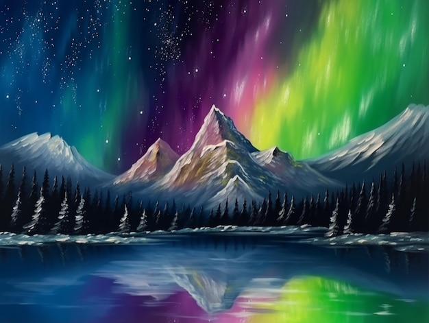 Una pintura de un paisaje de montaña con la aurora boreal encima.