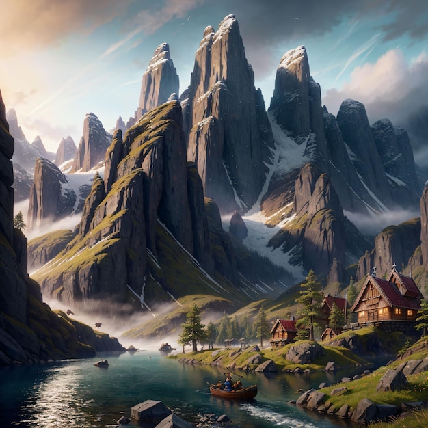 Una pintura de un paisaje de montaña con un barco en primer plano.