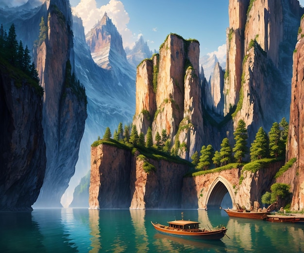 Una pintura de un paisaje de montaña con barcos en el agua.