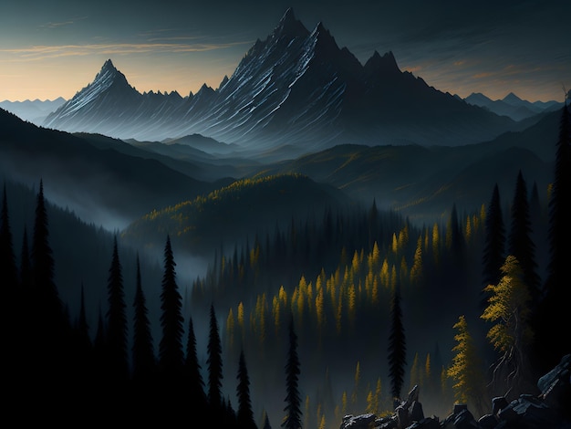Una pintura de un paisaje de montaña con una cadena montañosa al fondo.