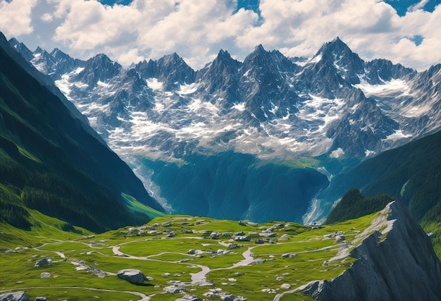 Una pintura de un paisaje de montaña con una cadena montañosa al fondo.