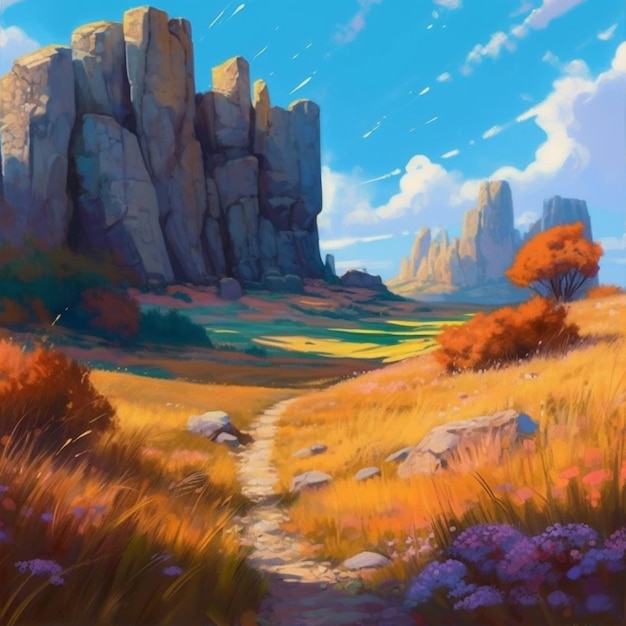 Pintura de un paisaje de montaña con un camino a través de él generativo ai