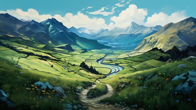 Pintura de un paisaje de montaña con un camino