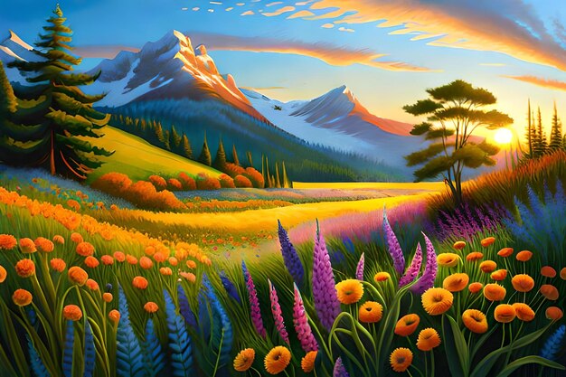 Una pintura de un paisaje de montaña con flores y montañas al fondo.