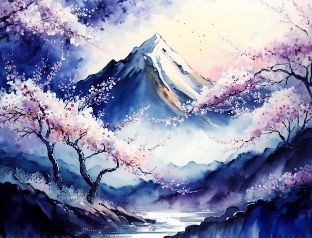 Una pintura de un paisaje de montaña con flores rosas.