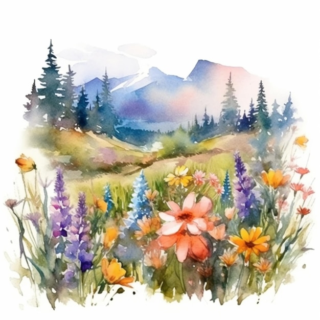 Pintura de un paisaje de montaña con flores silvestres y árboles ai generativo.