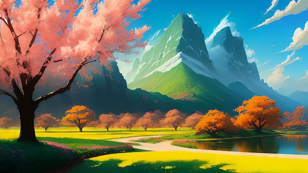 Una pintura de un paisaje de montaña con un lago y un árbol con flores rosas.