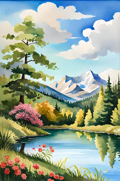 Una pintura de un paisaje de montaña con un lago y un lago.