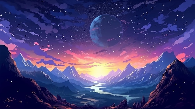 Una pintura de un paisaje de montaña con un lago y una luna ai generativa