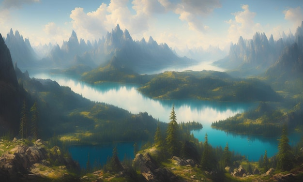 Una pintura de un paisaje de montaña con un lago y montañas al fondo.