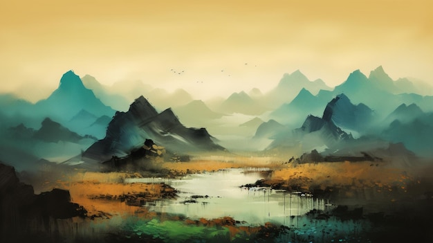 Una pintura de un paisaje de montaña con un lago y montañas al fondo.