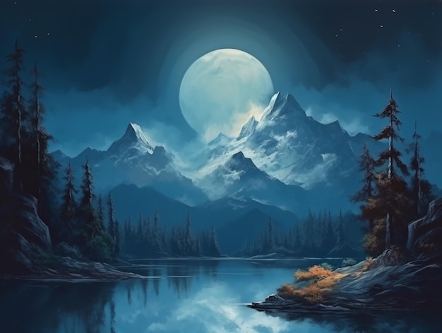 Una pintura de un paisaje de montaña con luna llena en el cielo.