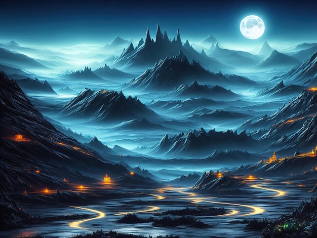 Una pintura de un paisaje de montaña con una luna y las palabras ai generativo.