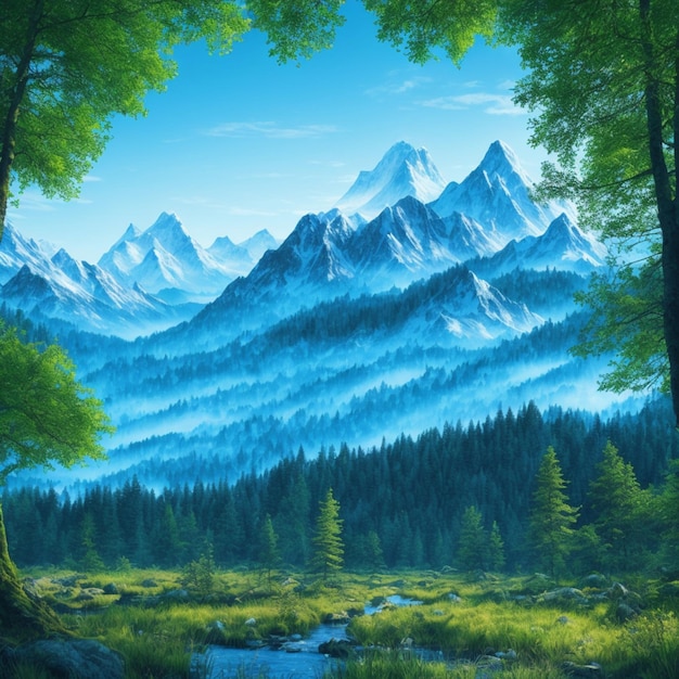 Una pintura de un paisaje de montaña con una montaña al fondo.