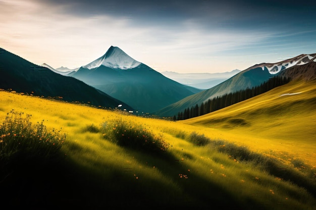 Una pintura de un paisaje de montaña con una montaña al fondo.