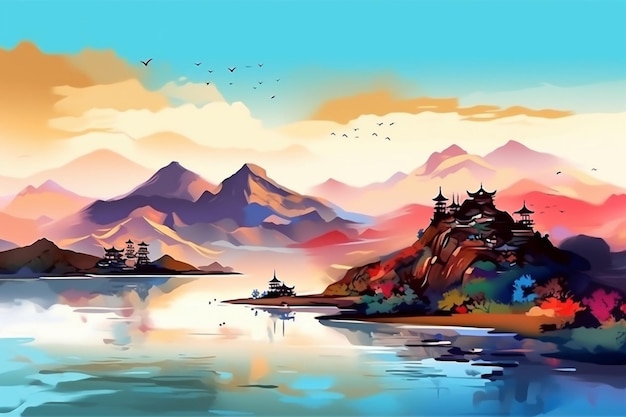 Una pintura de un paisaje de montaña con una montaña y un lago y un cielo nublado.