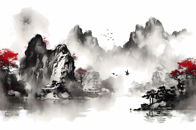 Una pintura de un paisaje de montaña con una montaña y un lago y un pájaro volando por encima.