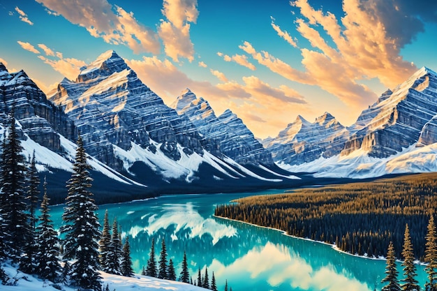 Una pintura de un paisaje de montaña con una montaña nevada y un lago azul.