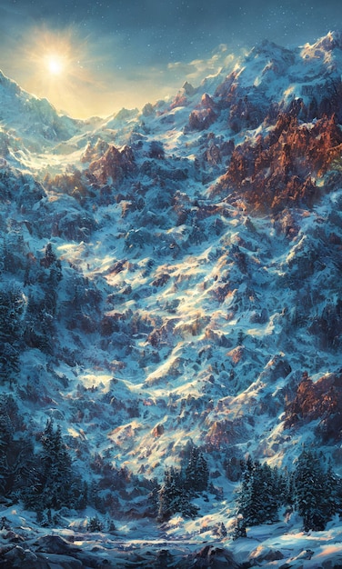 Una pintura de un paisaje de montaña con nieve y la luna.