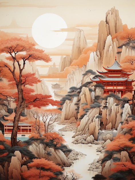 Pintura de un paisaje de montaña con una pagoda y un río generativo ai