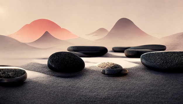 Una pintura de un paisaje de montaña con una piedra zen en primer plano.