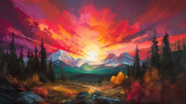 Una pintura de un paisaje de montaña con una puesta de sol de fondo.