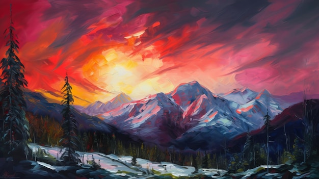 Una pintura de un paisaje de montaña con una puesta de sol de fondo.