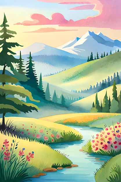 Una pintura de un paisaje de montaña con un río y montañas al fondo.