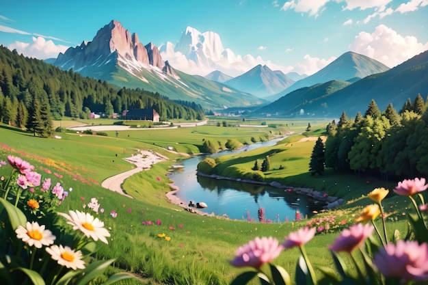Una pintura de un paisaje de montaña con un río y montañas al fondo.
