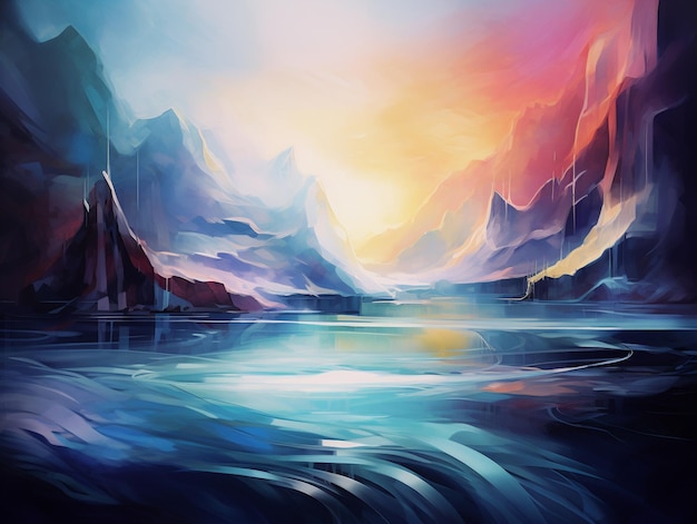 pintura de un paisaje de montaña con un río y un puente generativo ai