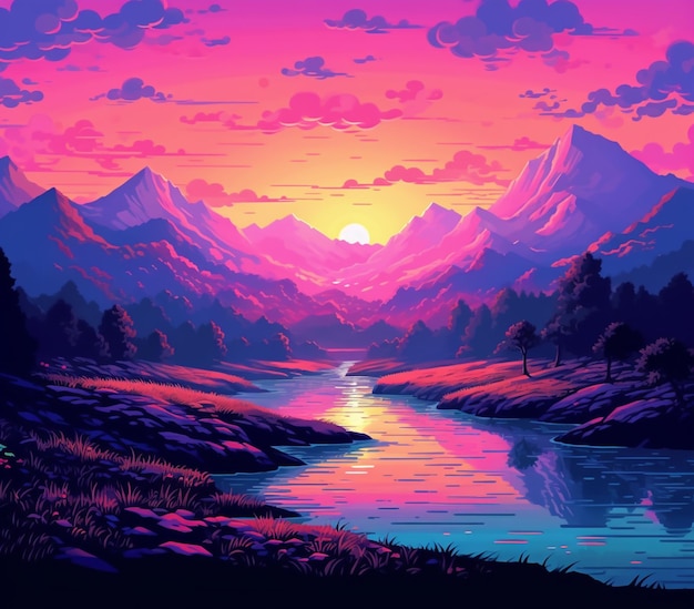 Una pintura de un paisaje de montaña con un río y una puesta de sol generativa ai