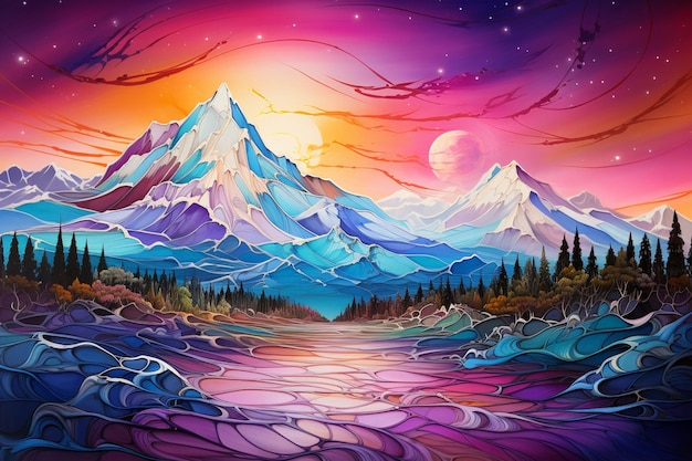 Pintura de un paisaje de montaña con un río y una puesta de sol generativa ai