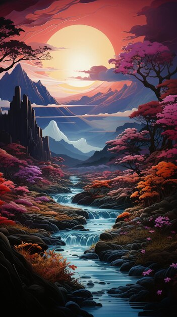 pintura de un paisaje de montaña con un río y una puesta de sol generativo ai