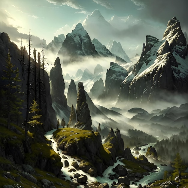 Una pintura de un paisaje de montaña con un río que lo atraviesa.