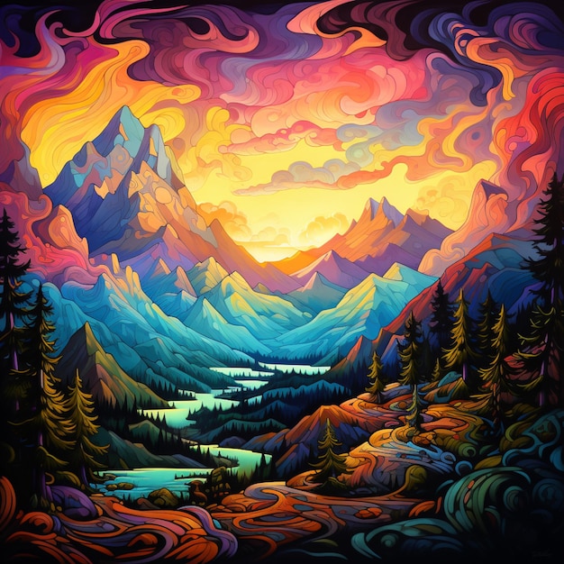 pintura de un paisaje de montaña con un río y un valle ai generativo
