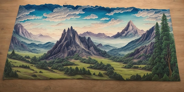 Una pintura de un paisaje con montañas al fondo.