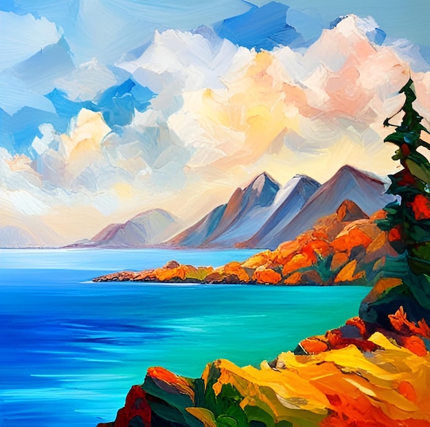 Una pintura de un paisaje con montañas y un lago.