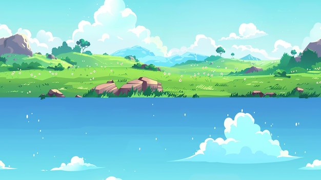 una pintura de un paisaje con montañas y nubes al fondo