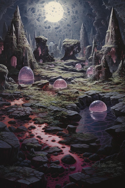 Foto una pintura de un paisaje de musgo con un estanque de agua y rocas