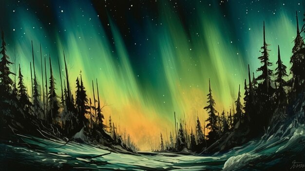 Una pintura de un paisaje nevado con la aurora boreal sobre él.