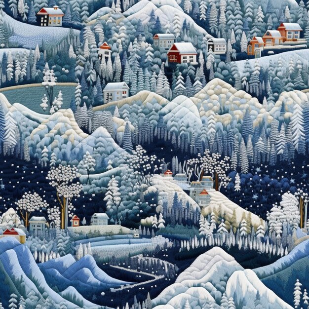 Pintura de un paisaje nevado con un pueblo y un río generativo ai