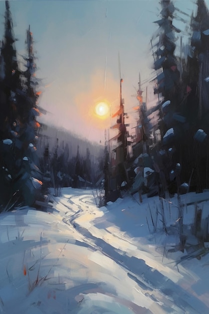 Una pintura de un paisaje nevado con el sol brillando sobre la nieve.