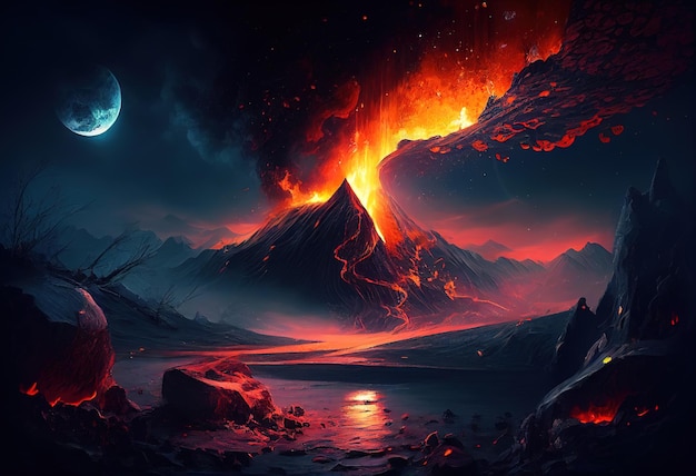 Pintura de Paisaje nocturno con volcan ilustración AI generativa