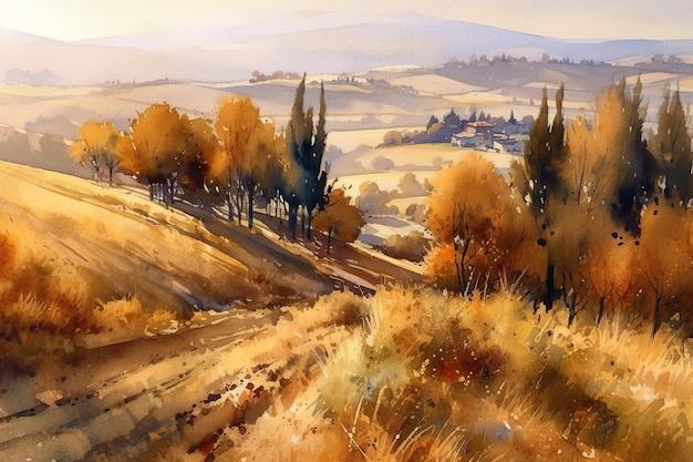 Una pintura de un paisaje con un paisaje de árboles y colinas.