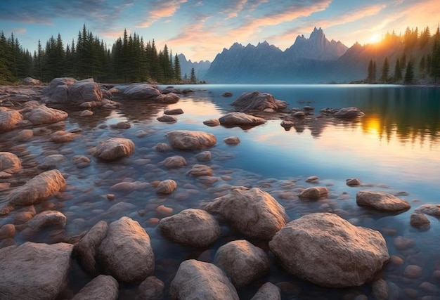 Una pintura de paisaje de un paisaje de montaña con montañas y un lago.