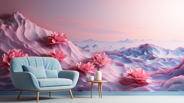 una pintura de un paisaje con un paisaje rosado y púrpura en el fondo.