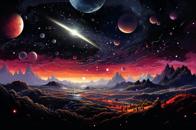 Pintura de un paisaje con planetas y una estrella lejana generativa ai