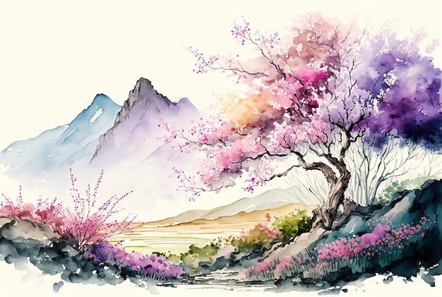 Pintura de paisaje de primavera de acuarela Árboles florecientes florecen prados y montañas Paisaje asiático