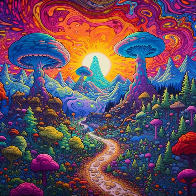 Una pintura de paisaje psicodélico de un camino que conduce a un bosque con montañas y un sol en el fondo.